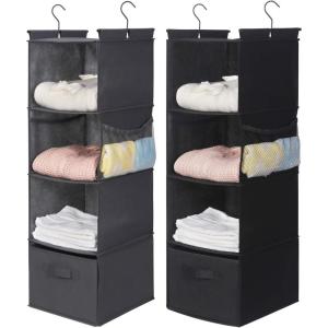 imageMAX Houser 4Shelf Hanging Closet Organizer Space Saver Cloth Hanging Shelves with 2 Side Pockets Foldable Black and Grey