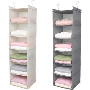 imageMAX Houser 6 Tier Shelf Hanging Closet Organizer Closet Hanging Shelf with 2 Sturdy Hooks for Storage FoldableBeige and Light Grey