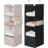imageMAX Houser 4Shelf Hanging Closet Organizer Space Saver Cloth Hanging Shelves with 2 Side Pockets Foldable Black and Beige