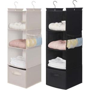 imageMAX Houser 4Shelf Hanging Closet Organizer Space Saver Cloth Hanging Shelves with 2 Side Pockets Foldable Black and Beige