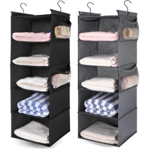 imageMAX Houser 5 Shelf Hanging Closet OrganizerSpace Saver Closet Hanging Shelves with 4 Side PocketsFoldable Black and Grey